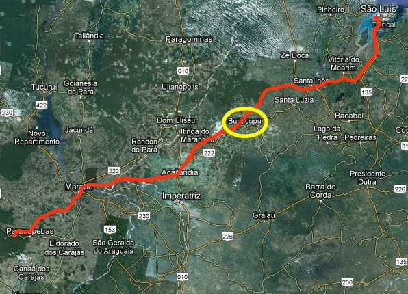 No destaque em amarelo, trecho onde houve acidente. Trajeto da Estrade de Ferro Carajás vai Parapuebas, no Pará, até São Luís, capital do Maranhão