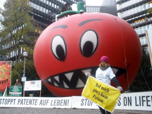 Tomate-monstro, em protesto, representa o desenvolvimento de transgênicos pela Monsanto na Europa. (Foto: Divulgação / no