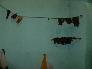 Carne pendurada no varal de alojamento de obra da CSO Engenharia (Foto: SRTE/BA)