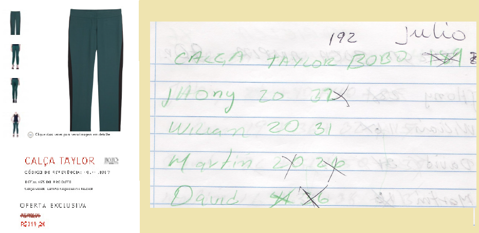 Calça Taylor, em promoção no site da Bo.Bô por R$ 319,20. No destaque, caderno com registro da produção dos costureiros, que ganhavam R$ 5 por peça finalizada deste modelo. Imagens: Reprodução