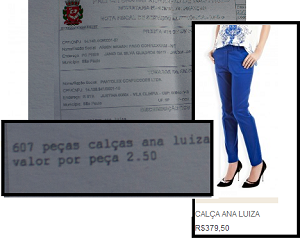 Na nota fiscal, valor que os costureiros receberam por unidade. Na imagem em destaque, valor que a calça "Ana Luiza" é vendida no site da Le Lis Blanc. Foto: Anali Dupré e Reprodução/Le Lis Blanc