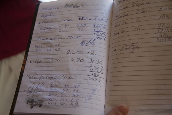 Registro de dívida por passagem em caderno encontrado na oficina.