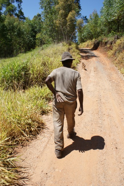 Com hérnia, senhor resgatado da escravidão caminha com as mãos nas costas para suportar a dor