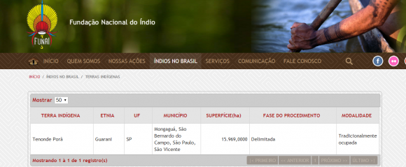 Informação no site da Funai indicando o reconhecimento da Terra Indígena Tenondé Porã. Imagem: Funai