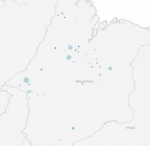 Mapa de resgates realizados entre 2003 e 2012 no Maranhão, produzido pela revista Galileu com base em dados do Ministério do Trabalho e Emprego. Clique na imagem para navegar pelo mapa