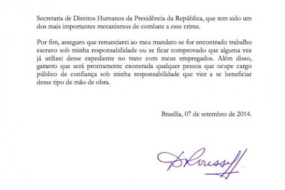 Assinatura da presidenciável Dilma Rousseff (PT) à Carta-Compromisso contra o Trabalho Escravo de 2014