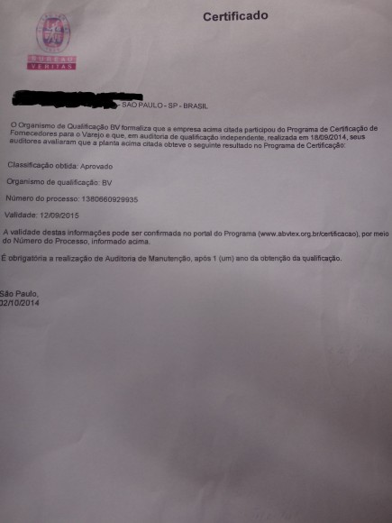 Certificação da ABVTEX à oficina terceirizada com validade de 2015. Foto: SRTE/SP