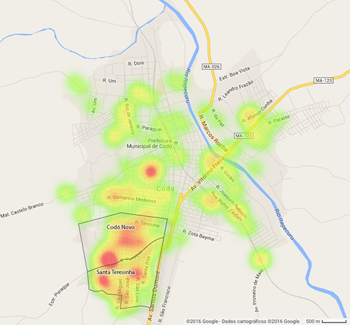 Mapa de calor feito a partir do levantamento de endereços declarados pelos resgatados da escravidão entre 2003 e 2014 que eram de Codó (MA)