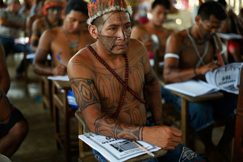 Indígena Munduruku durante oficina sobre a Convenção 169. Foto: Gabriel Bicho/Greenpeace
